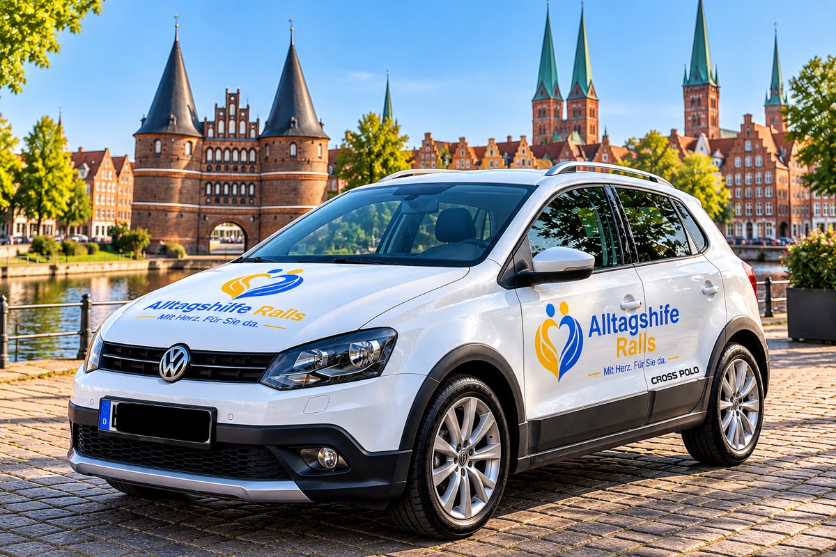 Das Auto von Alltagshilfe Ralls mit Logo vor dem Holstentor in Lübeck
