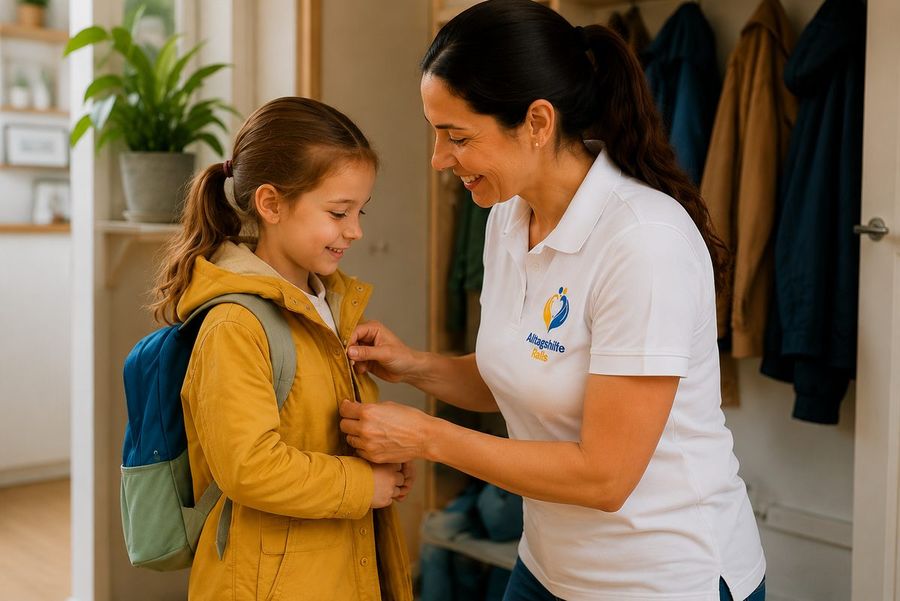 Betreuerin hilft einem Mädchen mit Jacke und Schulranzen